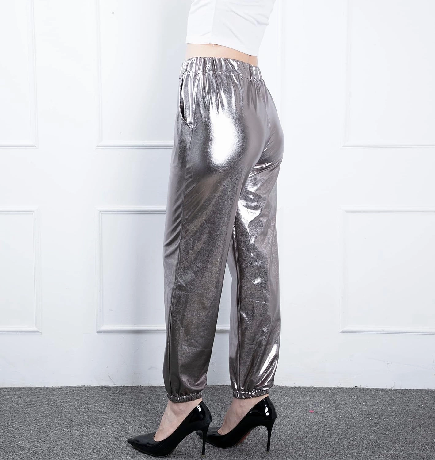 Women's Metallic Shiny Jogger Casual Holographic Color Streetwear Pants Hip Hop Fashion Smooth Elastic Trousers