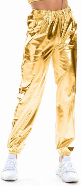 Women's Metallic Shiny Jogger Casual Holographic Color Streetwear Pants Hip Hop Fashion Smooth Elastic Trousers