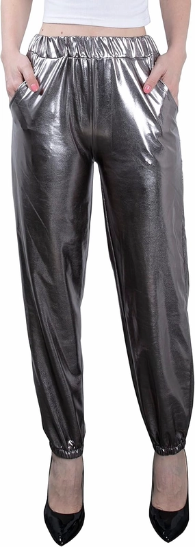 Women's Metallic Shiny Jogger Casual Holographic Color Streetwear Pants Hip Hop Fashion Smooth Elastic Trousers