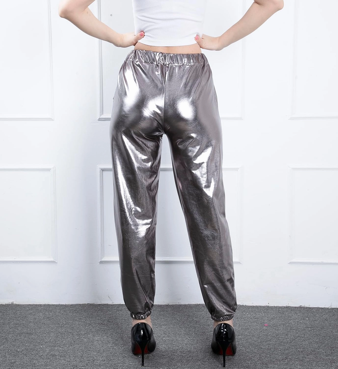 Women's Metallic Shiny Jogger Casual Holographic Color Streetwear Pants Hip Hop Fashion Smooth Elastic Trousers