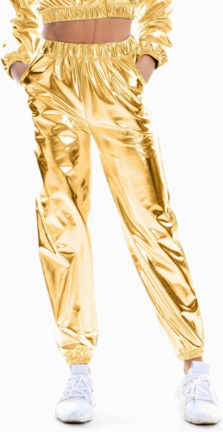 Women's Metallic Shiny Jogger Casual Holographic Color Streetwear Pants Hip Hop Fashion Smooth Elastic Trousers