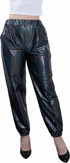 Women's Metallic Shiny Jogger Casual Holographic Color Streetwear Pants Hip Hop Fashion Smooth Elastic Trousers
