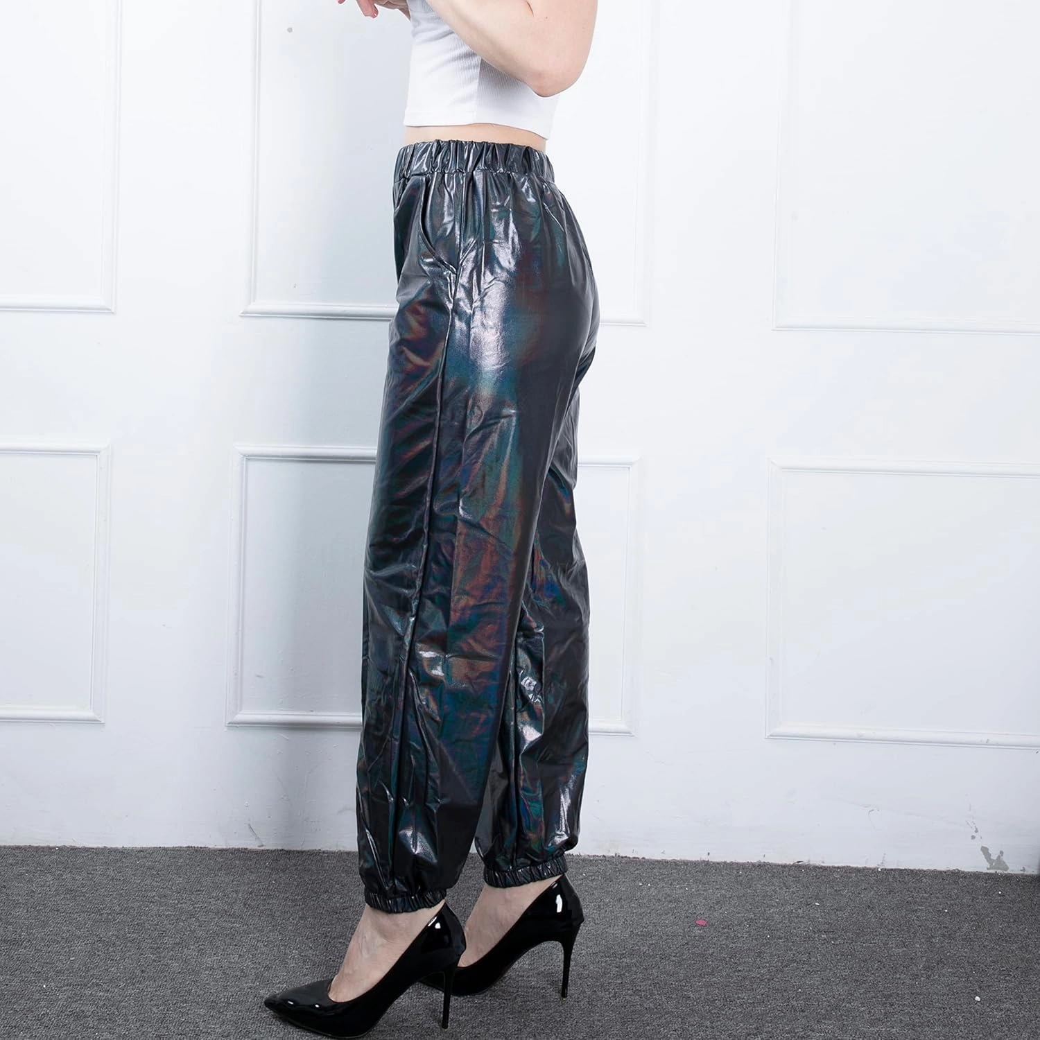 Women's Metallic Shiny Jogger Casual Holographic Color Streetwear Pants Hip Hop Fashion Smooth Elastic Trousers