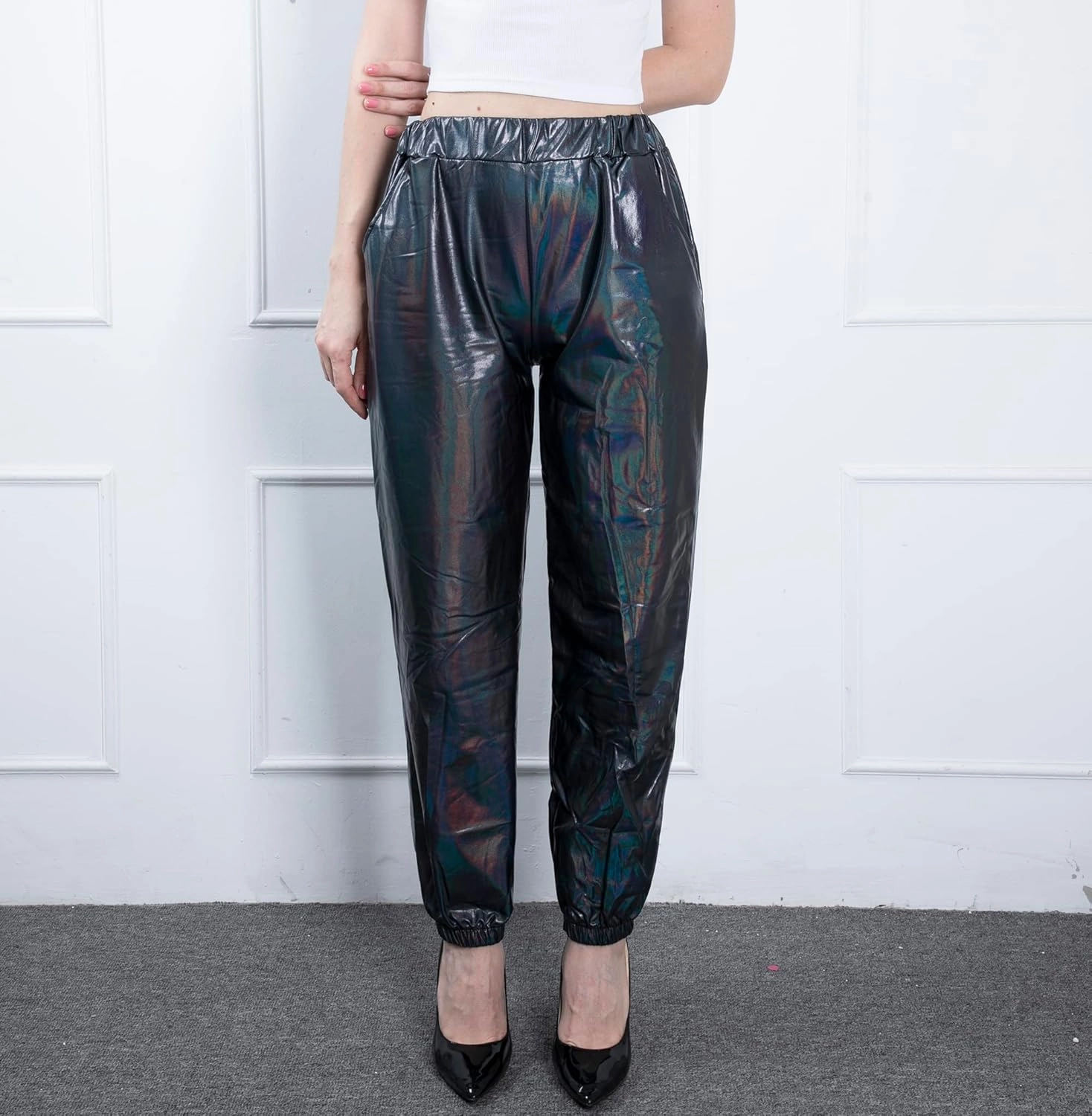 Women's Metallic Shiny Jogger Casual Holographic Color Streetwear Pants Hip Hop Fashion Smooth Elastic Trousers