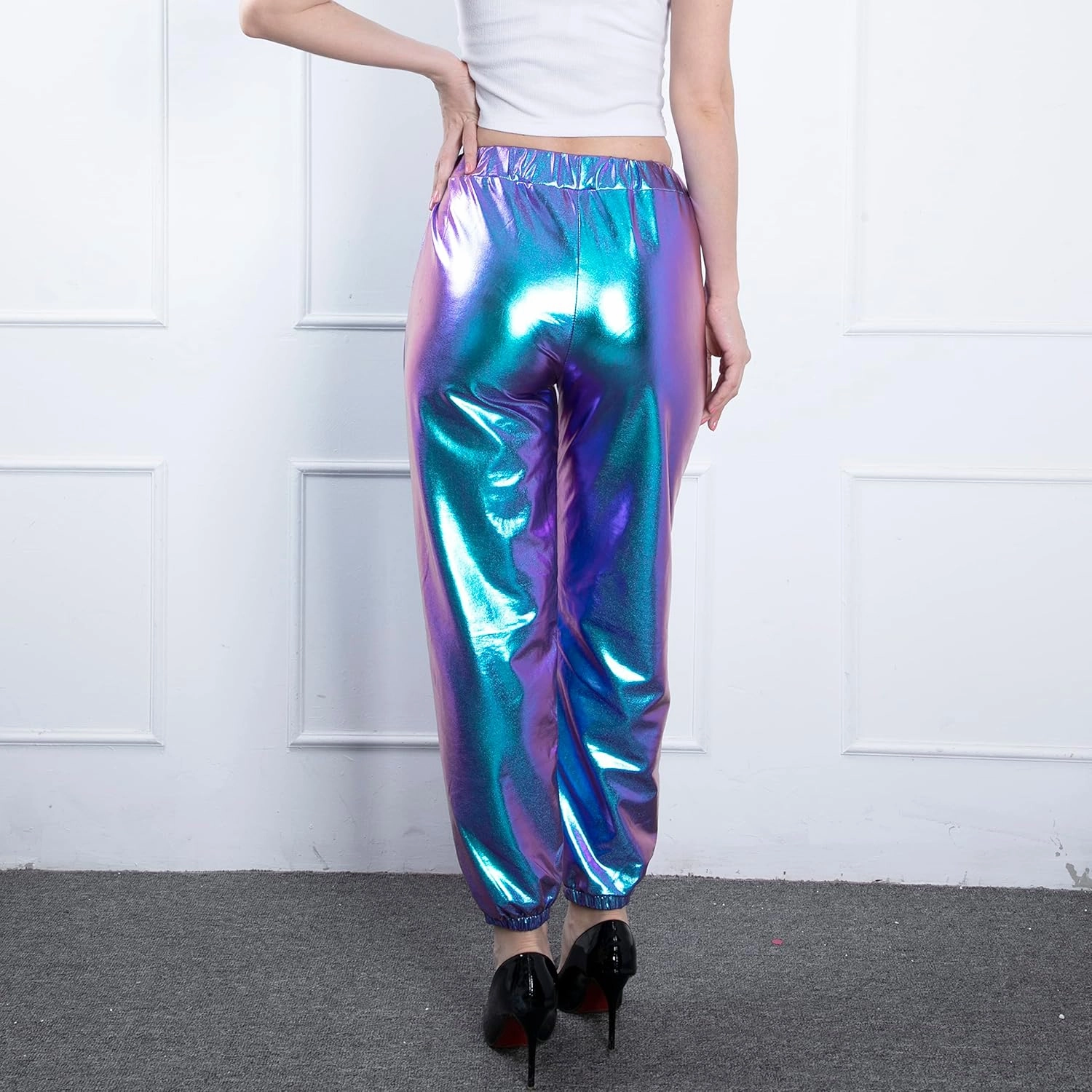Women's Metallic Shiny Jogger Casual Holographic Color Streetwear Pants Hip Hop Fashion Smooth Elastic Trousers