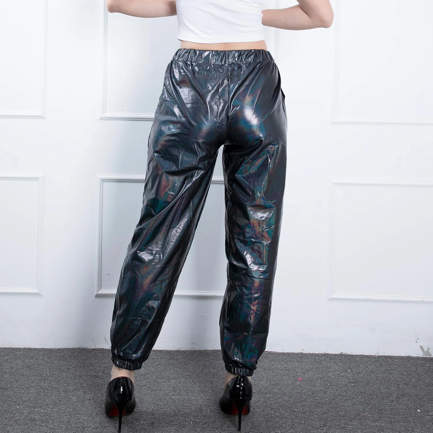 Women's Metallic Shiny Jogger Casual Holographic Color Streetwear Pants Hip Hop Fashion Smooth Elastic Trousers