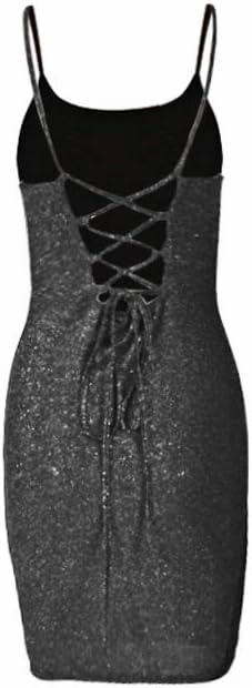 Women's Sexy Glitter Spagetti Straps Lace Up Back Bandage Bodycon Mini Club Party Dress