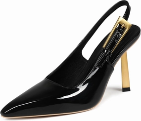 Women's Slingback Stiletto High Heels Square Toe with Metal Buckle Strap Slip On Pumps Backless Patent Leather Fashion Dress Shoes Wedding Party