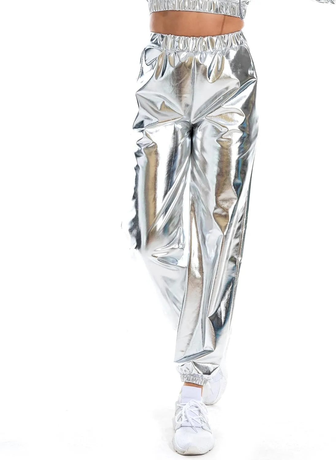 Women's Metallic Shiny Jogger Casual Holographic Color Streetwear Pants Hip Hop Fashion Smooth Elastic Trousers