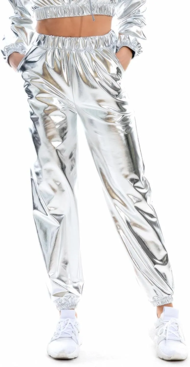 Women's Metallic Shiny Jogger Casual Holographic Color Streetwear Pants Hip Hop Fashion Smooth Elastic Trousers