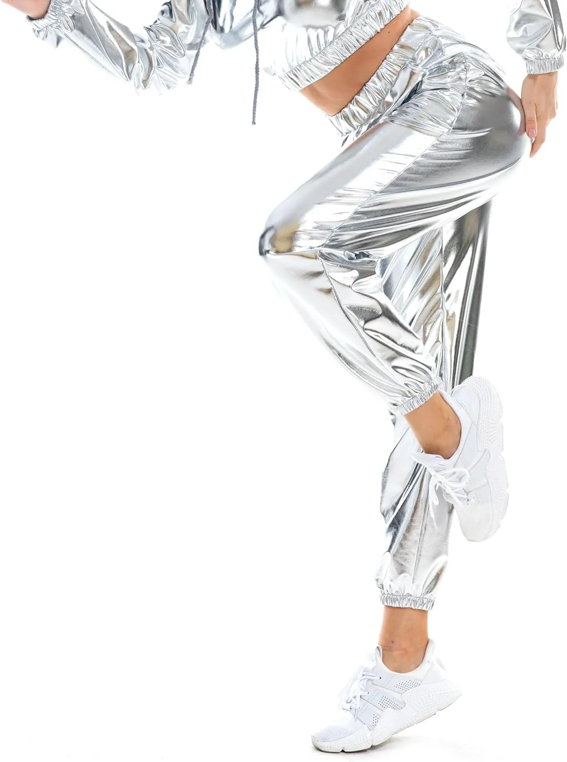 Women's Metallic Shiny Jogger Casual Holographic Color Streetwear Pants Hip Hop Fashion Smooth Elastic Trousers