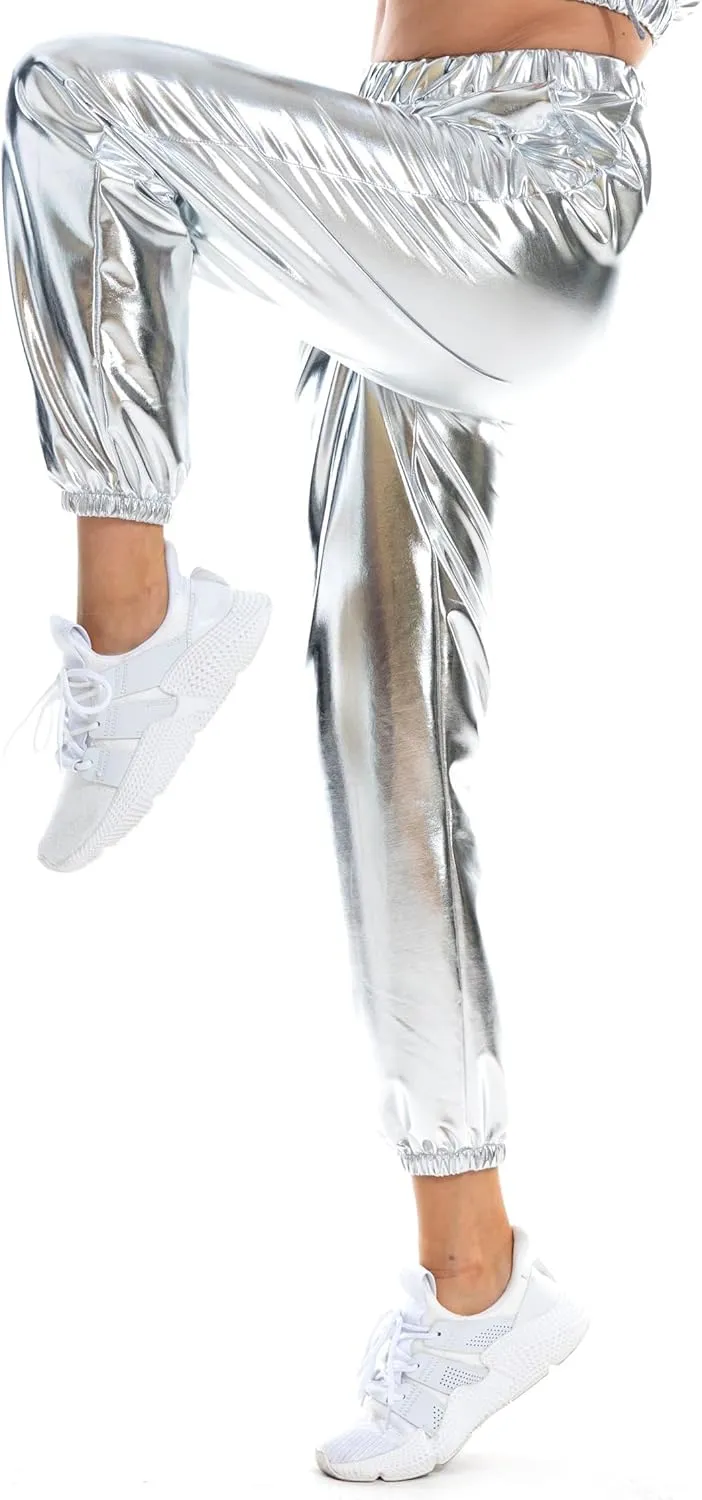 Women's Metallic Shiny Jogger Casual Holographic Color Streetwear Pants Hip Hop Fashion Smooth Elastic Trousers