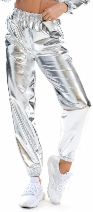 Women's Metallic Shiny Jogger Casual Holographic Color Streetwear Pants Hip Hop Fashion Smooth Elastic Trousers