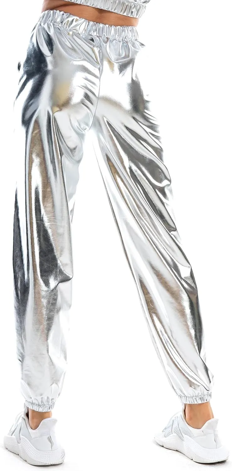 Women's Metallic Shiny Jogger Casual Holographic Color Streetwear Pants Hip Hop Fashion Smooth Elastic Trousers