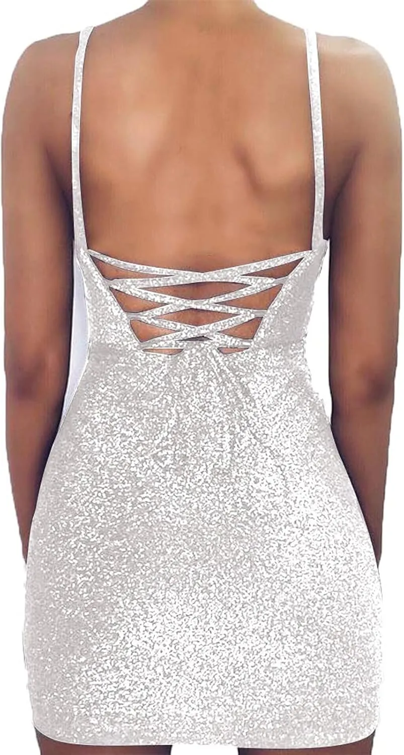 Women's Sexy Glitter Spagetti Straps Lace Up Back Bandage Bodycon Mini Club Party Dress
