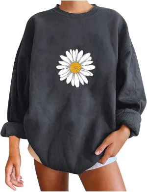 Womens Sunflower Print Sweatshirt Long Sleeve Oversized Hoodies Tops Crewneck Pullover Shirts Trendy Fall Outfits