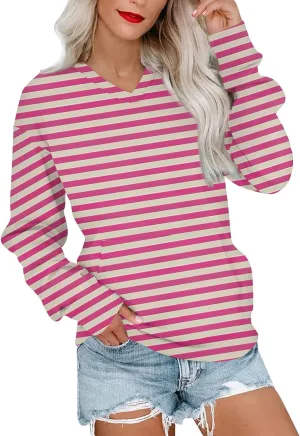 Womens Tops Trendy Striped V-Neck Sweatshirts Casual Long Sleeve Shirts Lightweight Pullover With Pockets