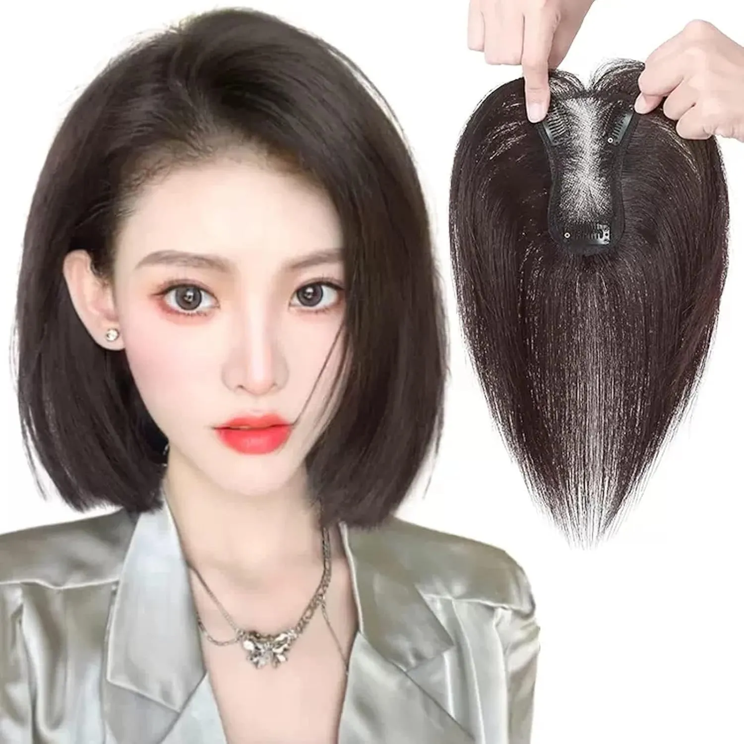 Women's Wig Wig Girls Head Patch White Hair Real Hair Thin Fluffy Increase Hair Volume Wig Piece Women's Wigs Hair Piece(09-(8-12) 25CM-black)