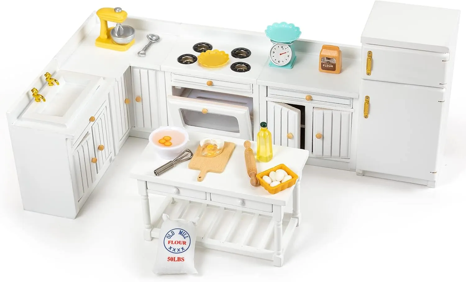 Wooden Dollhouse Furniture 1 12 Scale, Doll House Furniture Toys for Dollhouse Kitchen Incl Cabinets Kitchen Island Refrigerator Stand Nixer, Miniture House Furniture and Accessories