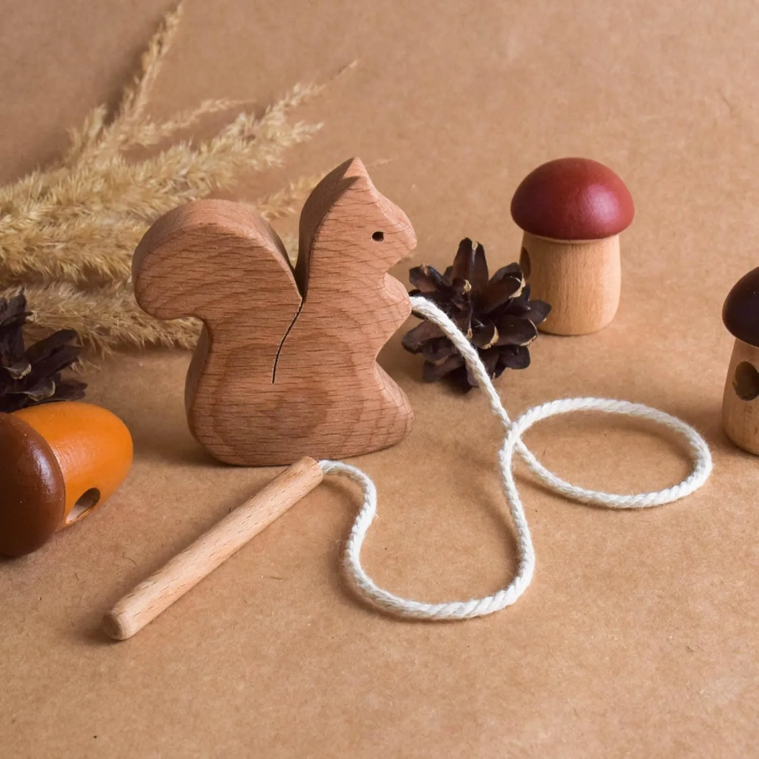 Wooden Lacing Toy Squirrel, Montessori Baby Materials Educational Learning for Toddlers, Children Early Development, Handmade Unique First Birthday Gift for Girls and Boys