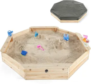 Wooden Large Sandbox with Cover - Outdoor Octagon Sand Box for Kids, Toddler Sensory Toys, Outdoor Wooden Sand Pit with Seat Boards and Bottom Liner, Weatherproof, Easy Assembly, Ages 3  Years