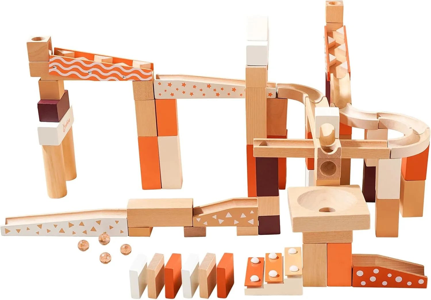Wooden Marble Run Blocks for Kids 4-8, 80 Pieces Wood Building Blocks Toys and Construction Play Set, Neutral Colored Marble Track Maze Game STEM Learning Toys Gifts for Boys Girls (80pc Set)