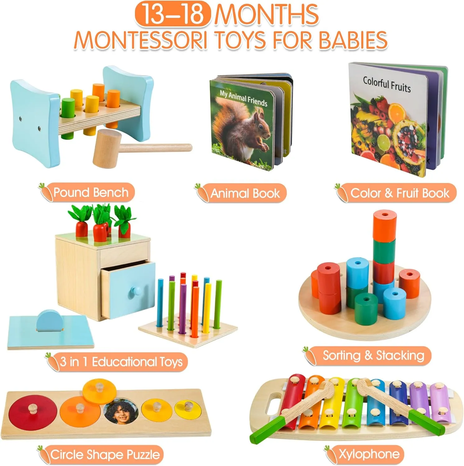 Wooden Montessori Toys for 1  Year Old, 9 in 1 Learning Educational Toys for Toddler with Educational Box, Xylophone, Pound Bench, Shape Puzzle and More, Baby Toy Gift for 12-18 Months