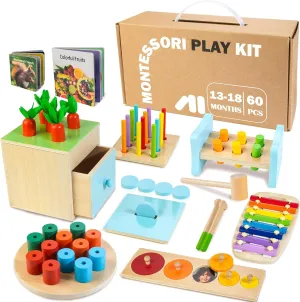 Wooden Montessori Toys for 1  Year Old, 9 in 1 Learning Educational Toys for Toddler with Educational Box, Xylophone, Pound Bench, Shape Puzzle and More, Baby Toy Gift for 12-18 Months