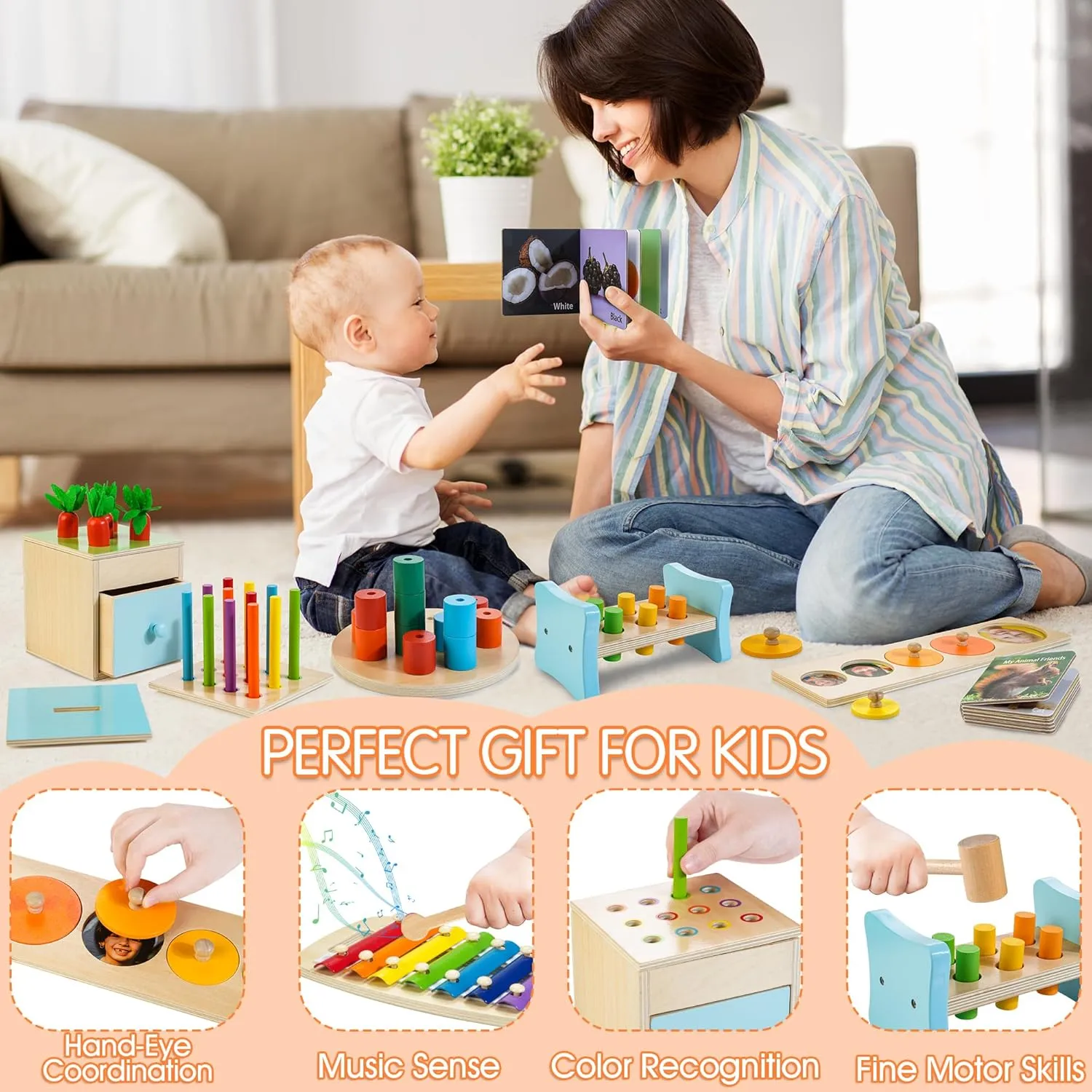 Wooden Montessori Toys for 1  Year Old, 9 in 1 Learning Educational Toys for Toddler with Educational Box, Xylophone, Pound Bench, Shape Puzzle and More, Baby Toy Gift for 12-18 Months