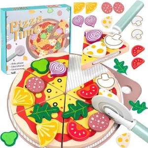 Wooden Pizza Toy Cutting Play Food，25Pcs Pizza Toys for Kids Ages 3-5，Kids Pizza Playset Pretend Play Kitchen Accessories，Play Pizza Set for Kids Wood Cooking Toys Birthday