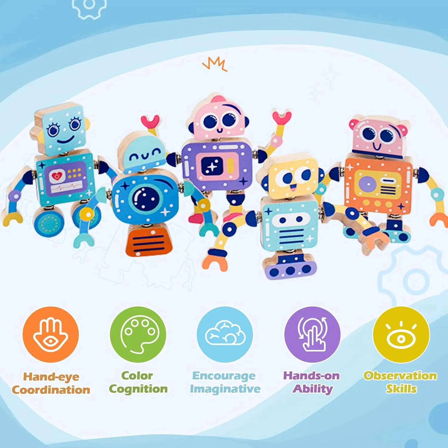 Wooden Snap-Together Building Toys, STEM Building Blocks, 28 PCS Robot Blocks Take Apart Toy Playset for Kids, Fine Motor Skill Montessori Educational Learning Toys Gift for 3 4 5 6 Years Kids (Robot)