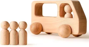 WOODEN TEETHER DIY Natural Wooden Bus Set with 4 Peg People – Paintable Imaginative Toy for Toddlers Montessori-Inspired STEM Learning & Parent-Child Bonding