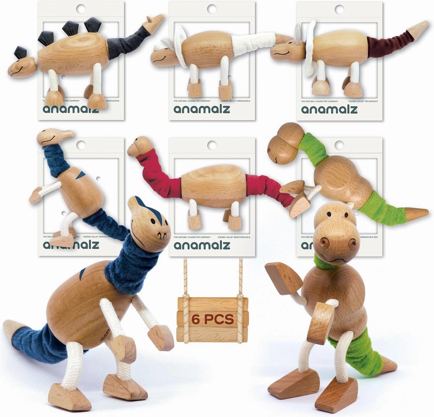 Wooden Animal Toys for Toddler, Posable T-rex Wooden Dinosaur Toy Playset Stegosaurus Brontosaurus Triceratops Stegosaurus, Dino Wooden Toys Fun Bendable Boys and Girls, 6 Figures Set