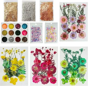 Woohome Natural Dried Pressed Flowers Leaves, Gold Leaf Flakes, Multiple Pressed Dry Flowers with Sequins Gold Leaf Flakes for DIY Candle Resin Jewelry Nail Crafts Art Floral Decoration