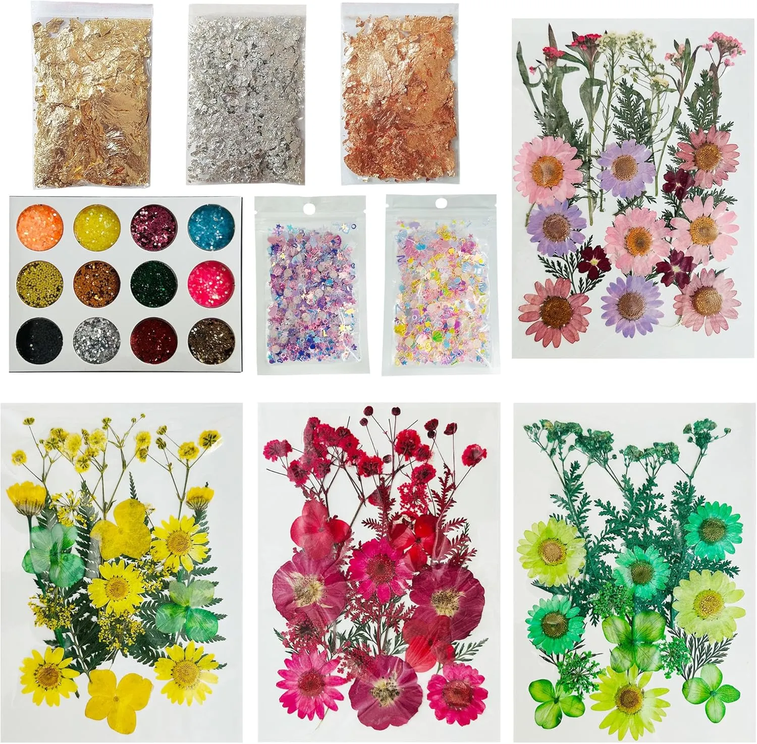 Woohome Natural Dried Pressed Flowers Leaves, Gold Leaf Flakes, Multiple Pressed Dry Flowers with Sequins Gold Leaf Flakes for DIY Candle Resin Jewelry Nail Crafts Art Floral Decoration