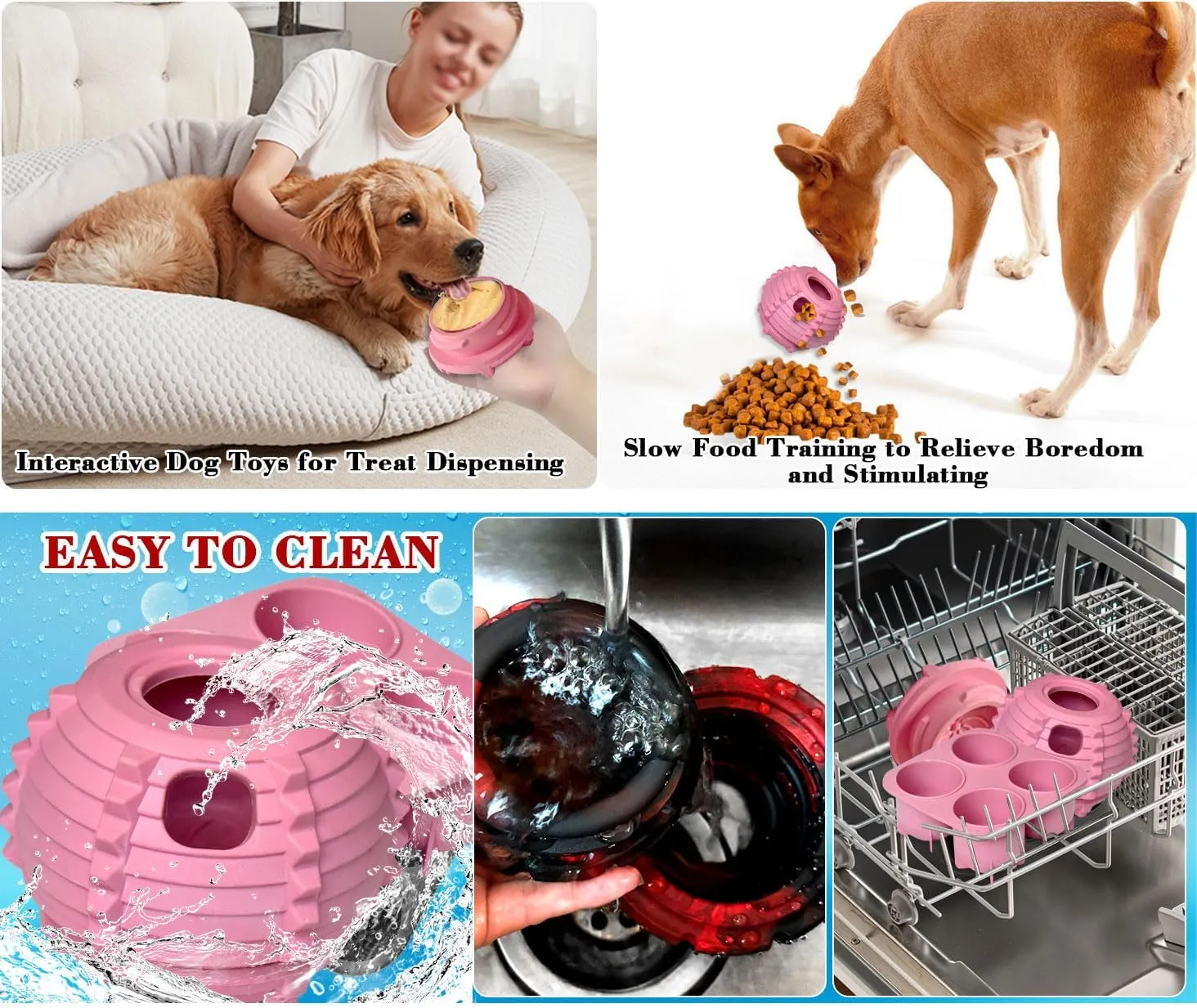XHX Dog Toy, Durable Large Dog Toys, Interactive Dog Puzzle Play Toy, Freezable Fillable Rubber Dog Toys, with Stopper Silicone Treat Tray (Pink, Small)