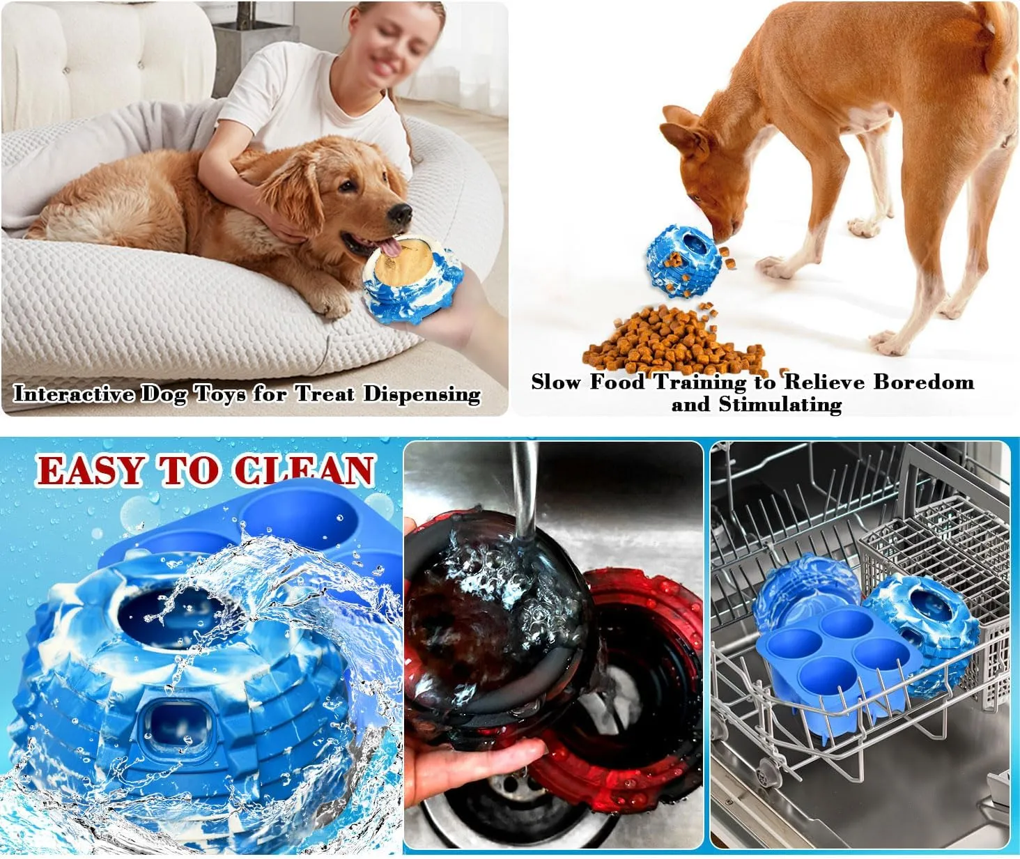 XHX Dog Toy, Durable Small Dog Toys, Freezable Fillable Rubber Dog Toys, Interactive Dog Puzzle Play Toy, Stopper Silicone Treat Tray (Small, Blue and White)