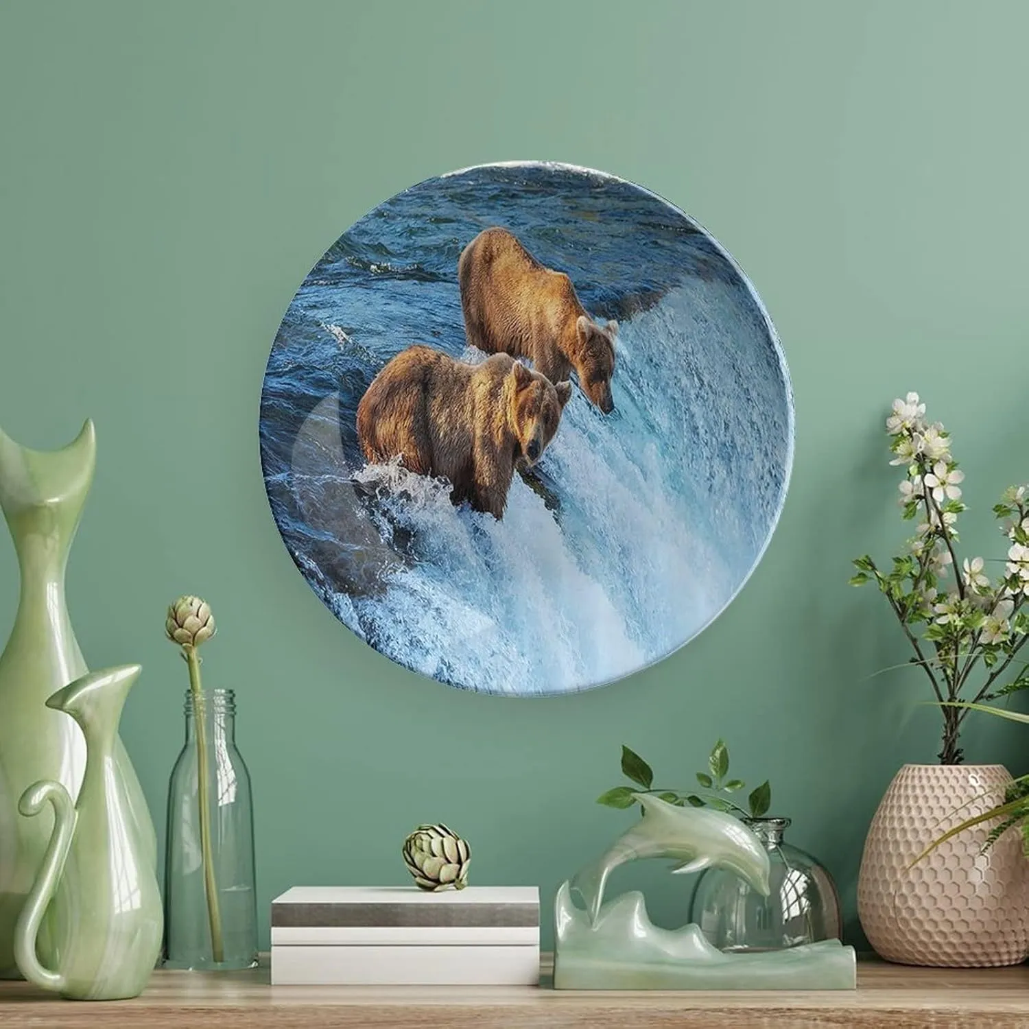 XISUNYA 8 Inch Decorative Plate, Animal Ceramic Stoneware, Grizzly Bear in The Stream River Fishing Alaskan Salmon Print Ceramic Wall Hanging for Home Office Party Dinner Table Decor, Brown Blue