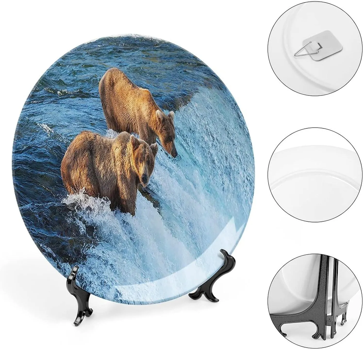 XISUNYA 8 Inch Decorative Plate, Animal Ceramic Stoneware, Grizzly Bear in The Stream River Fishing Alaskan Salmon Print Ceramic Wall Hanging for Home Office Party Dinner Table Decor, Brown Blue