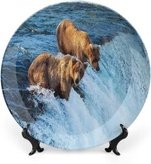 XISUNYA 8 Inch Decorative Plate, Animal Ceramic Stoneware, Grizzly Bear in The Stream River Fishing Alaskan Salmon Print Ceramic Wall Hanging for Home Office Party Dinner Table Decor, Brown Blue