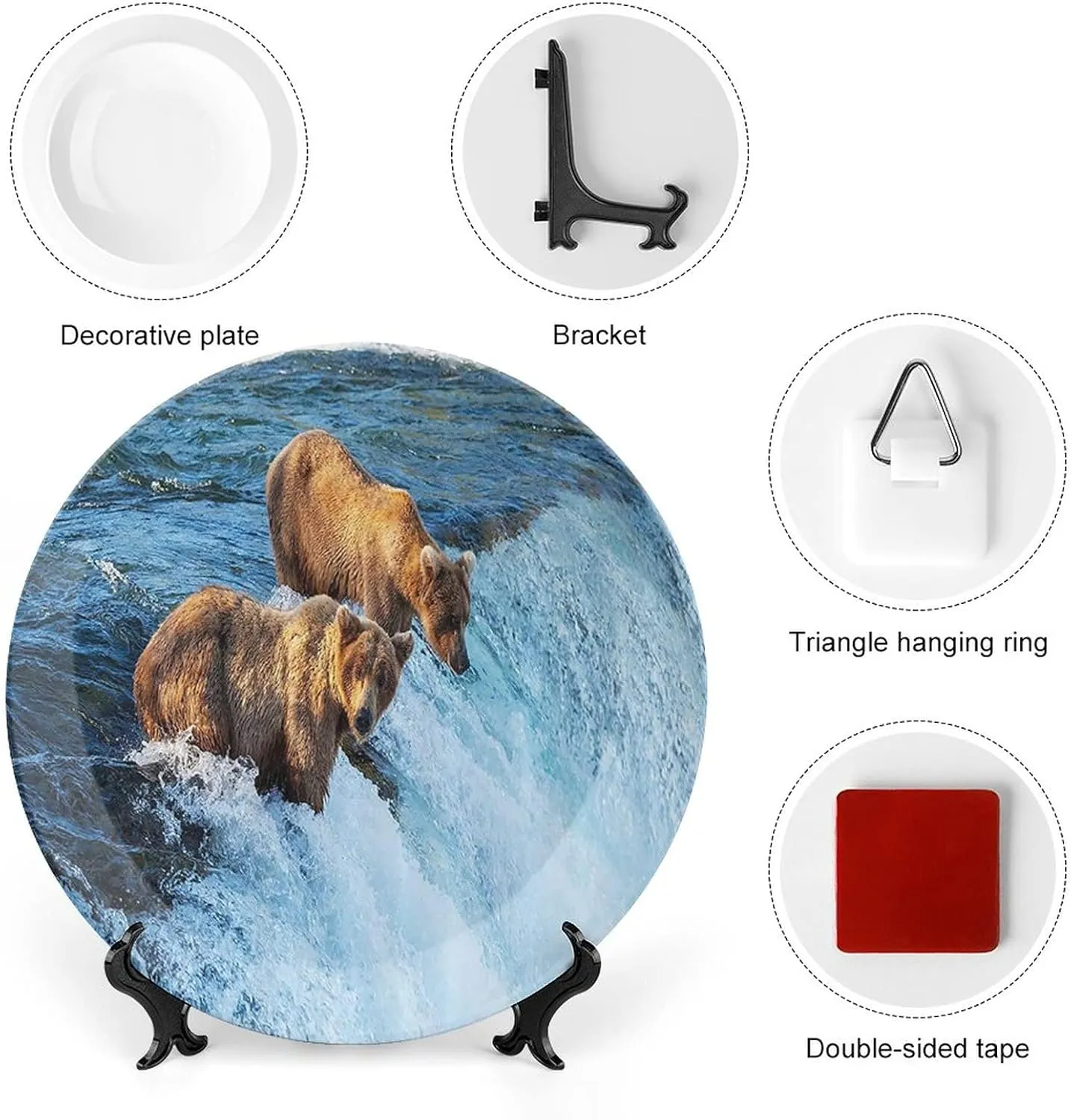 XISUNYA 8 Inch Decorative Plate, Animal Ceramic Stoneware, Grizzly Bear in The Stream River Fishing Alaskan Salmon Print Ceramic Wall Hanging for Home Office Party Dinner Table Decor, Brown Blue