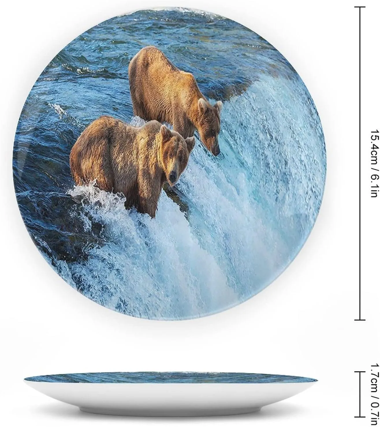 XISUNYA 8 Inch Decorative Plate, Animal Ceramic Stoneware, Grizzly Bear in The Stream River Fishing Alaskan Salmon Print Ceramic Wall Hanging for Home Office Party Dinner Table Decor, Brown Blue