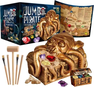 XXTOYS Jumbo Pirate Dig Kit - Dig up 12 Pirate Treasures, Gemstones, Gold Coins - Pirate Toys for Kids - Great Birthday Party Supplies, Gifts Idea for Boys & Girls - Includes Treasure Chest