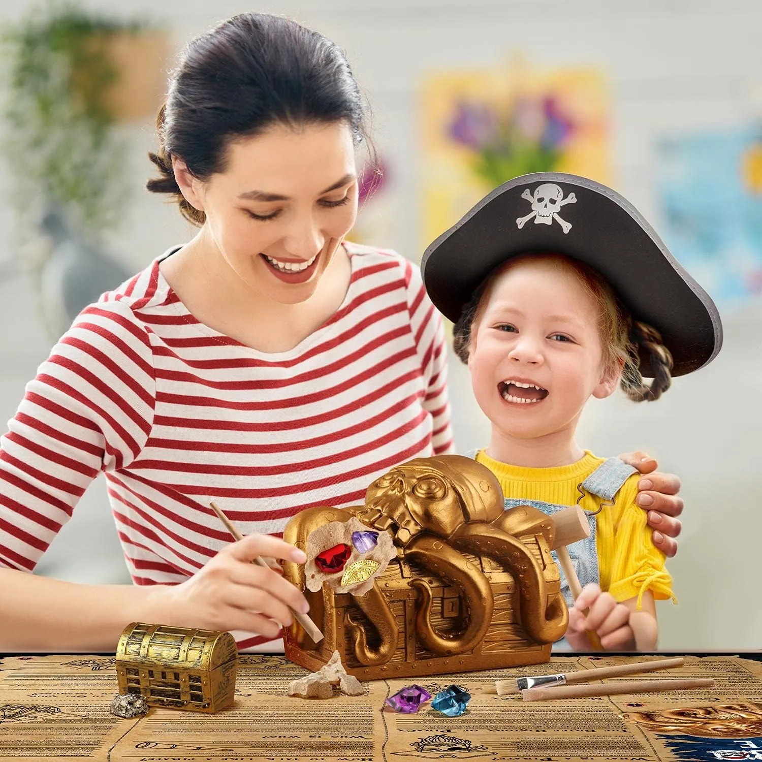 XXTOYS Jumbo Pirate Dig Kit - Dig up 12 Pirate Treasures, Gemstones, Gold Coins - Pirate Toys for Kids - Great Birthday Party Supplies, Gifts Idea for Boys & Girls - Includes Treasure Chest