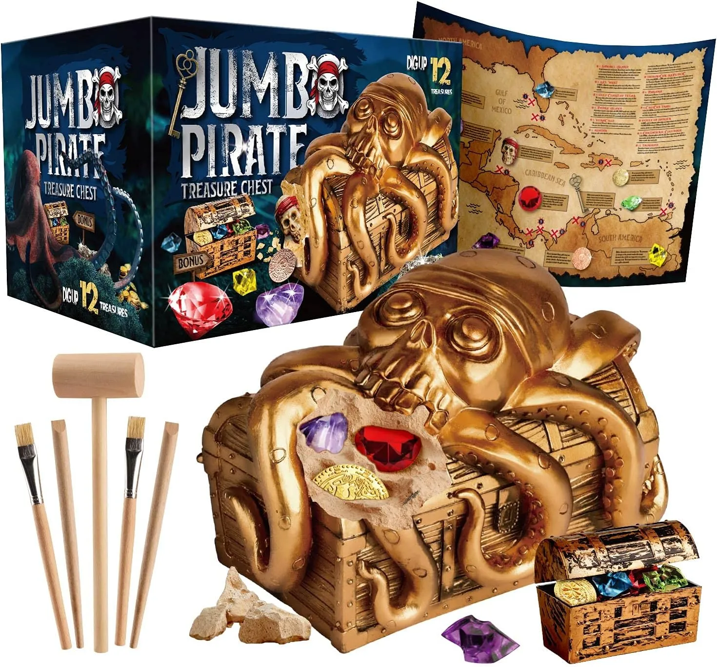 XXTOYS Jumbo Pirate Dig Kit - Dig up 12 Pirate Treasures, Gemstones, Gold Coins - Pirate Toys for Kids - Great Birthday Party Supplies, Gifts Idea for Boys & Girls - Includes Treasure Chest