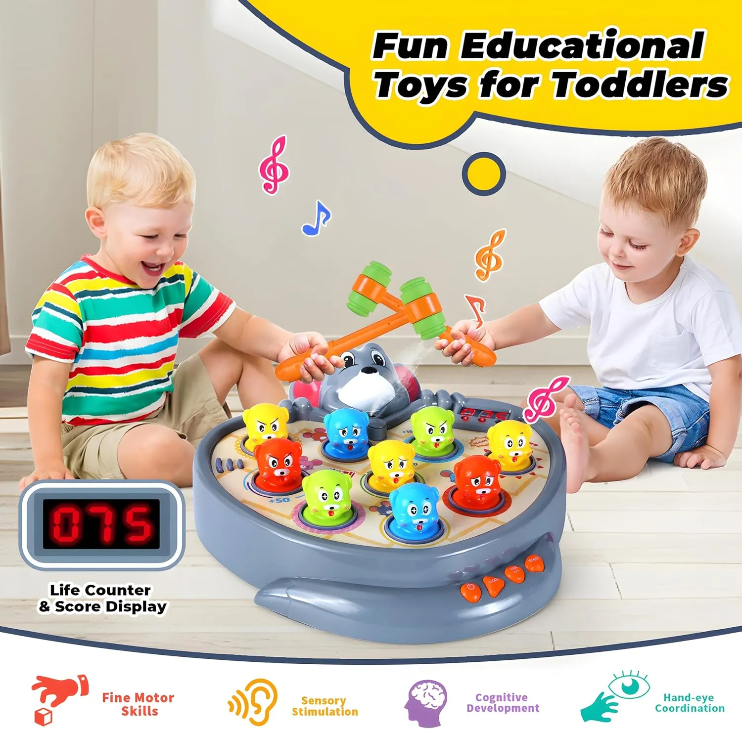 Yerloa Game for Toddlers 2 3 4 5 Year Old Boy Toys Christmas Unique Gift Kids Toys Ages 2-4 4-6 2-3 3-5 4-8 Interactive Learning Educational with Spray 2 Hammers, 5 Modes, 9 Music & Light