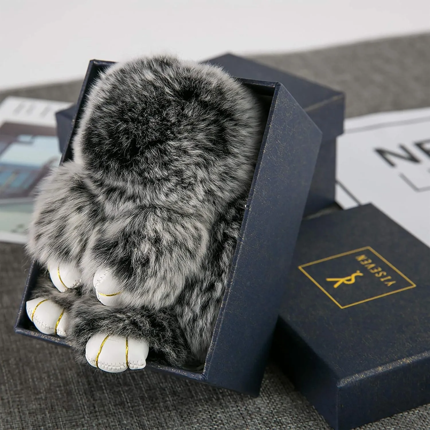 YISEVEN Bunny Stuffed Animal Plush Toy Rabbit Fur Keychain Fluffy Soft Cute Fuzzy Accessories Furry Ball Key Chain Gift for Women Teens Girls Kids Backpack Purse - Black