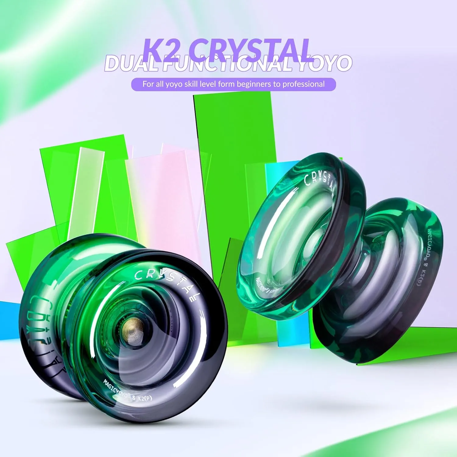 Yoyo K2 Crystal - Professional Responsive Yoyo for Kids Beginners, Dual Function Yo Yo for Adults Advanced   Extra Unresponsive Bearing   12 Yo-yo Strings   Storage Bag   Removal Tool ( Black Green)