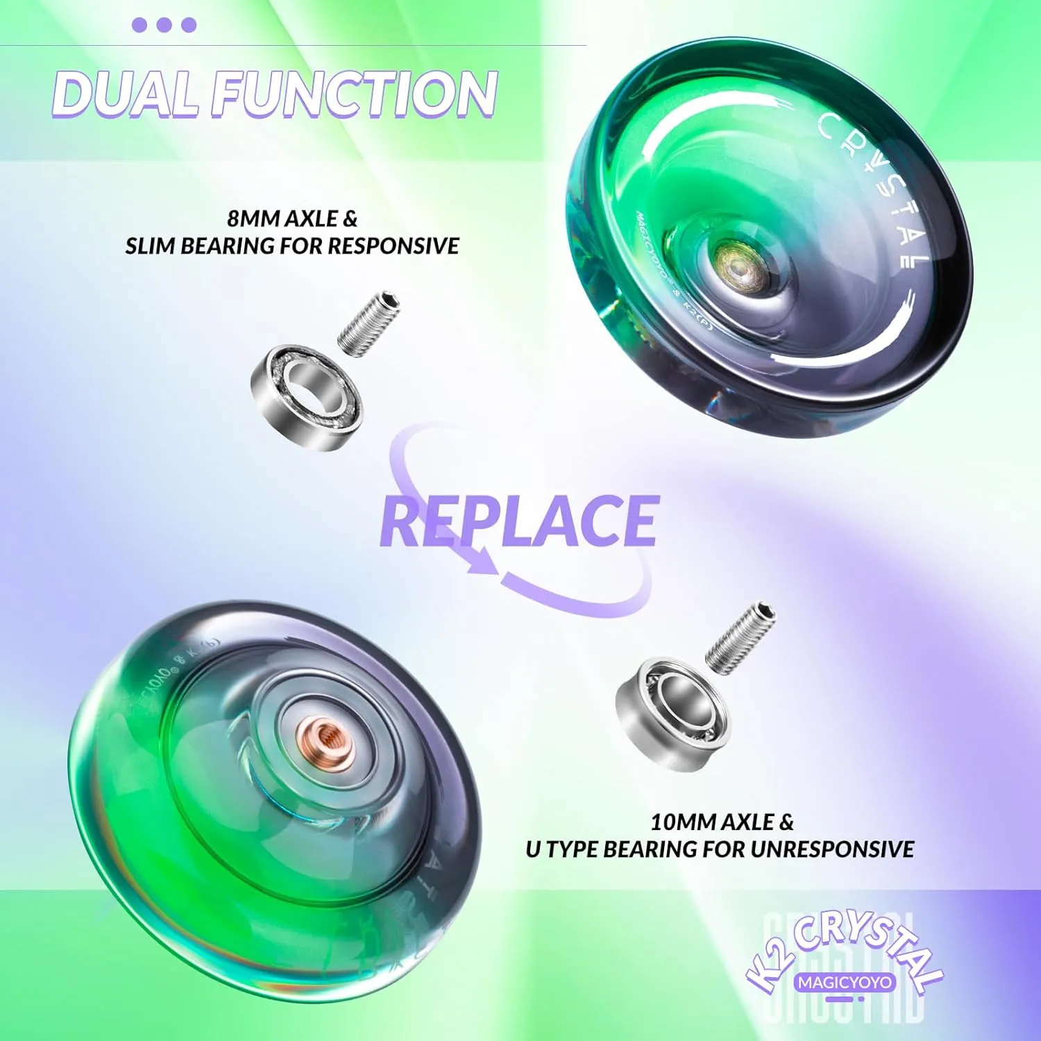 Yoyo K2 Crystal - Professional Responsive Yoyo for Kids Beginners, Dual Function Yo Yo for Adults Advanced   Extra Unresponsive Bearing   12 Yo-yo Strings   Storage Bag   Removal Tool ( Black Green)