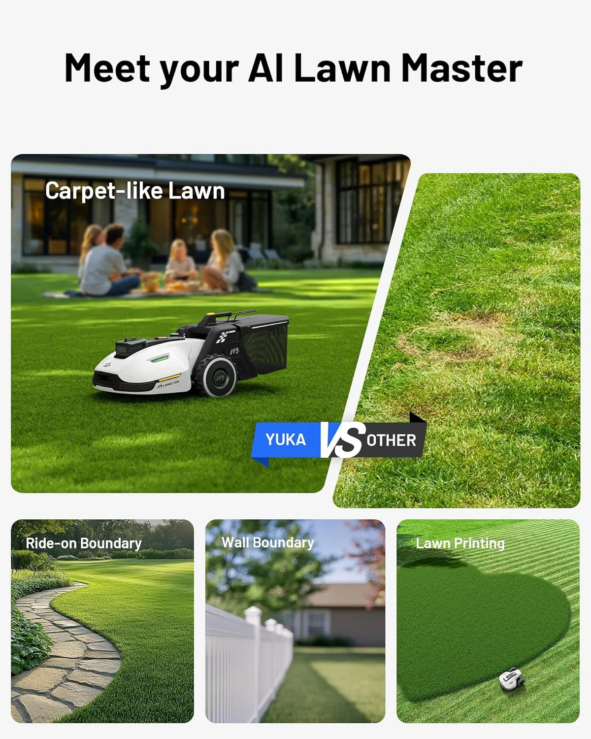 YUKA 2000 Robot Lawn Mower with Sweeper Kit, Ultrasense AI Vision & RTK Antenna, Auto Mapping & App Control,45% Slope Capability,Wireless Perimeter,Dual Cutting Discs, Up to 20 Mowing Zones